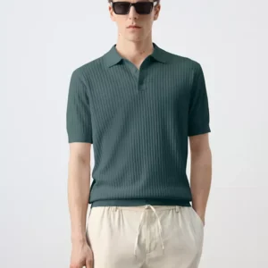 Ribbed cotton-blend knit polo