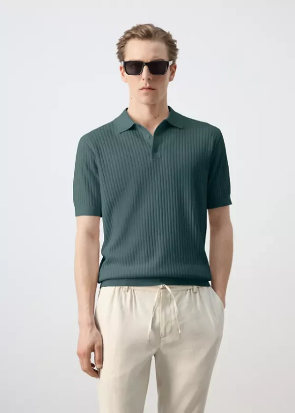 Ribbed cotton-blend knit polo